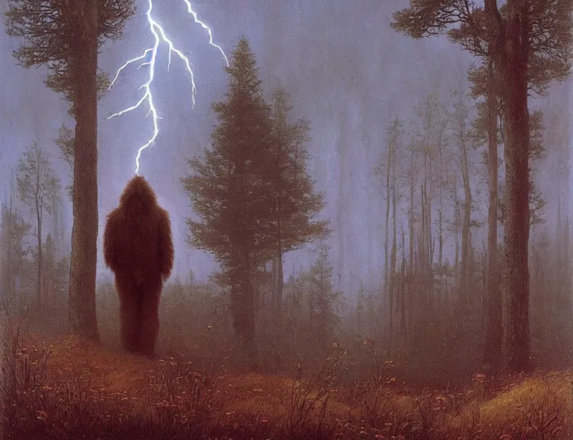 Image similar to a detailed portrait painting of a lone sasquatch with thick brown body fur. Head and chest only. Movie scene, cinematic sci-fi scene. accurate anatomy. portrait symmetrical and science fiction theme with lightning, aurora lighting. trees. Futurism by beksinski carl spitzweg moebius and tuomas korpi. intricate artwork by caravaggio. Oil painting. Trending on artstation. 8k