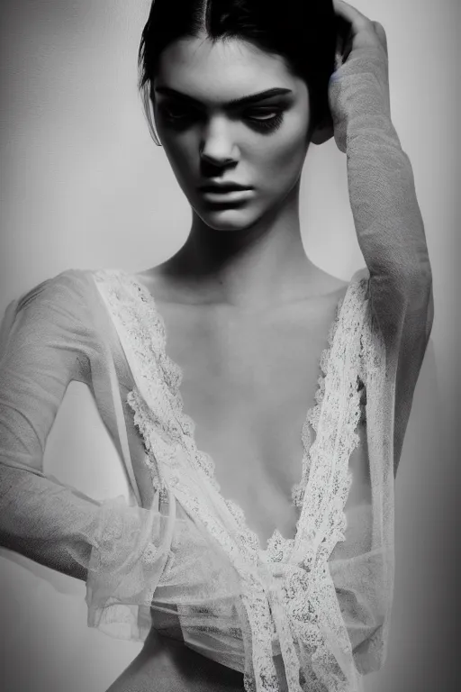 Image similar to emotionnal shot. fragile shy woman looking like Kendall Jenner with sheer dress with plunging neckline and lace sleeves. award-winning fashion photography. intimate and vulnerable lighting. 130mm bw fashion photography .