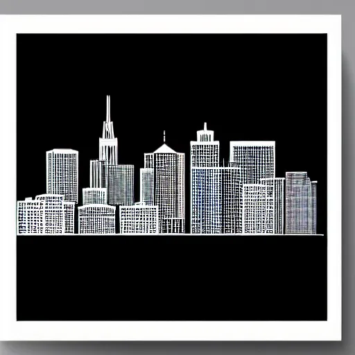 Image similar to a perfect circle, the outer edge of the circle is the silhouette of a city skyline, black and white, minimalist, in the style of a line drawing