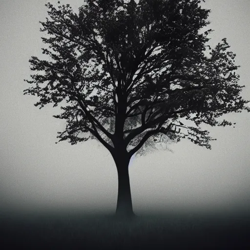 Prompt: lonely tree, lone tree, single tree, surreal, mindscape, dreamscape, magical tree, sad, lonely, mist, fog, smog, light dispersion