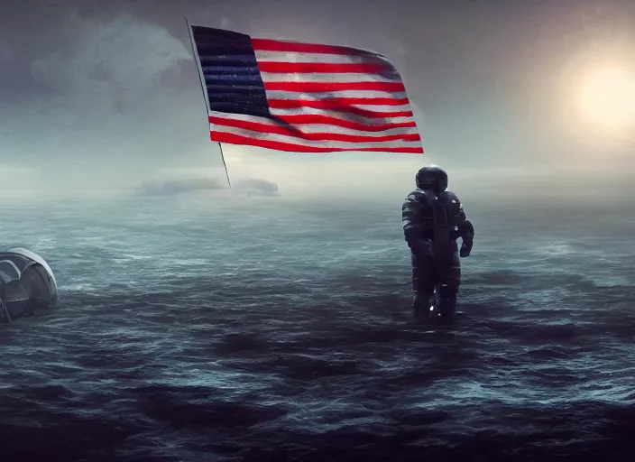 Image similar to astronaut holding a flag in an underwater desert. a submarine is visible in the distance. dark, concept art, cinematic, dramatic, atmospheric, 8 k, trending on artstation, blue, fish, low visibility, fog, ocean floor, christopher nolan, interstellar