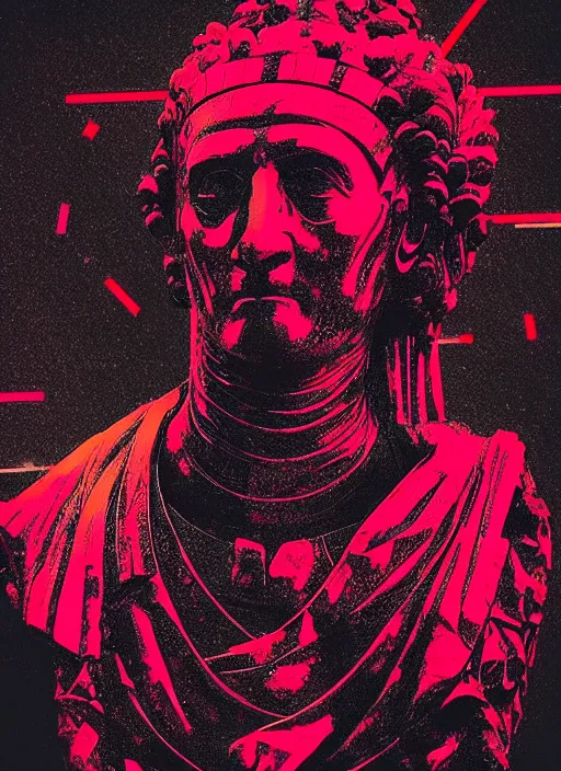 Prompt: black background with very subtle red and purple design elements, statue of julius caesar, nekro, graphic design, collage art, thin lines, dark, glitch art, neo vaporwave, gritty, layout frame, square, trending on artstation