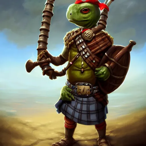 Prompt: an anthropomorphic turtle, wearing a kilt, wearing a patch over one eye, holding a bagpipe, walking up the sandy beach, DnD character art portrait, matte fantasy painting, DeviantArt Artstation, by Jason Felix by Steve Argyle by Tyler Jacobson by Peter Mohrbacher, cinematic lighting