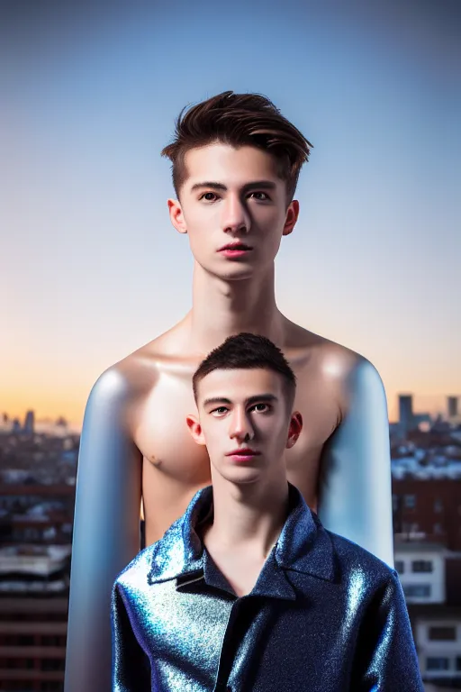 Image similar to un ultra high definition studio quality photographic art portrait of a young man standing on the rooftop of a british apartment building wearing soft baggy inflatable padded silver iridescent pearlescent clothing. three point light. extremely detailed. golden ratio, ray tracing, volumetric light, shallow depth of field. set dressed.