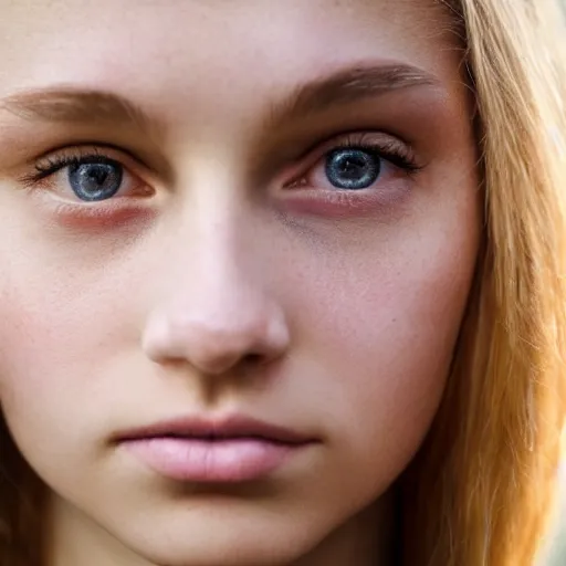 Prompt: a norwegian teenage girl, detailed, symmetrical face, symmetrical eyes, portrait lighting