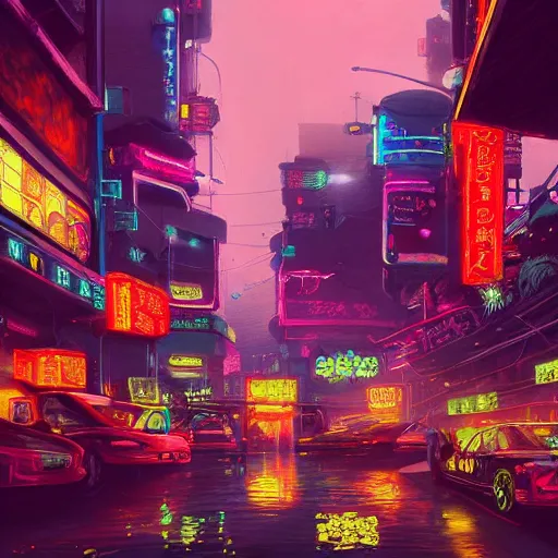 Image similar to a beautiful painting of a neon cyberpunk village by Tokio Aoyama, Mario Martinez, David Normal. photorealistic, trending on artstation, dramatic lighting, 8K, fantasy beautiful, surreal, cinematic.