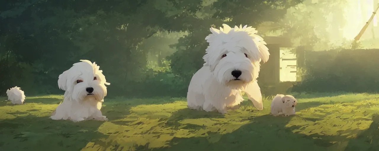 Image similar to a cream - colored havanese dog building a house from leaves and trees at a tropical beach, atey ghailan, goro fujita, studio ghibli, rim light, exquisite lighting, clear focus, very coherent,