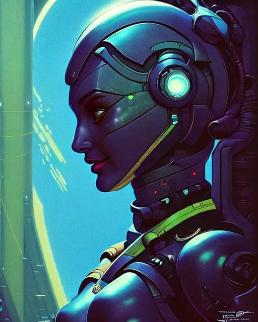 Prompt: symmetra from overwatch, character portrait, sci - fi armor, portrait, close up, concept art, intricate details, highly detailed, vintage sci - fi poster, retro future, in the style of chris foss, rodger dean, moebius, michael whelan, and gustave dore