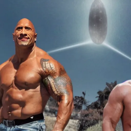 Prompt: dwayne johnson riding a rick sanches ufo