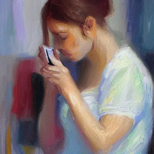 Image similar to a vivid impressionistic painting portrait of a bored woman, she is holding a smartphone, oil on canvas, trending on artstation