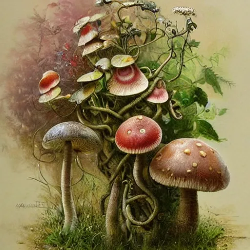 Prompt: retro airbrush detailed ( ( ( ( ( 1 9 5 s retro flower pot with vines, moss and mushrooms. tight shot. muted colors. childrens layout, ) ) ) ) ) by jean - baptiste monge,!!!!!!!!!!!!!!!!!!!!!!!!!!!!!