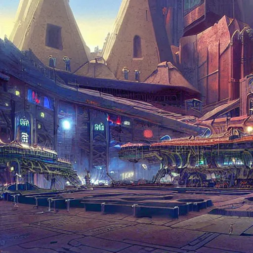 Image similar to a medieval marketplace next to a cyberpunk spaceport spaceship dock. used future aesthetic. digital matte painting by james gurney and david mattingly.