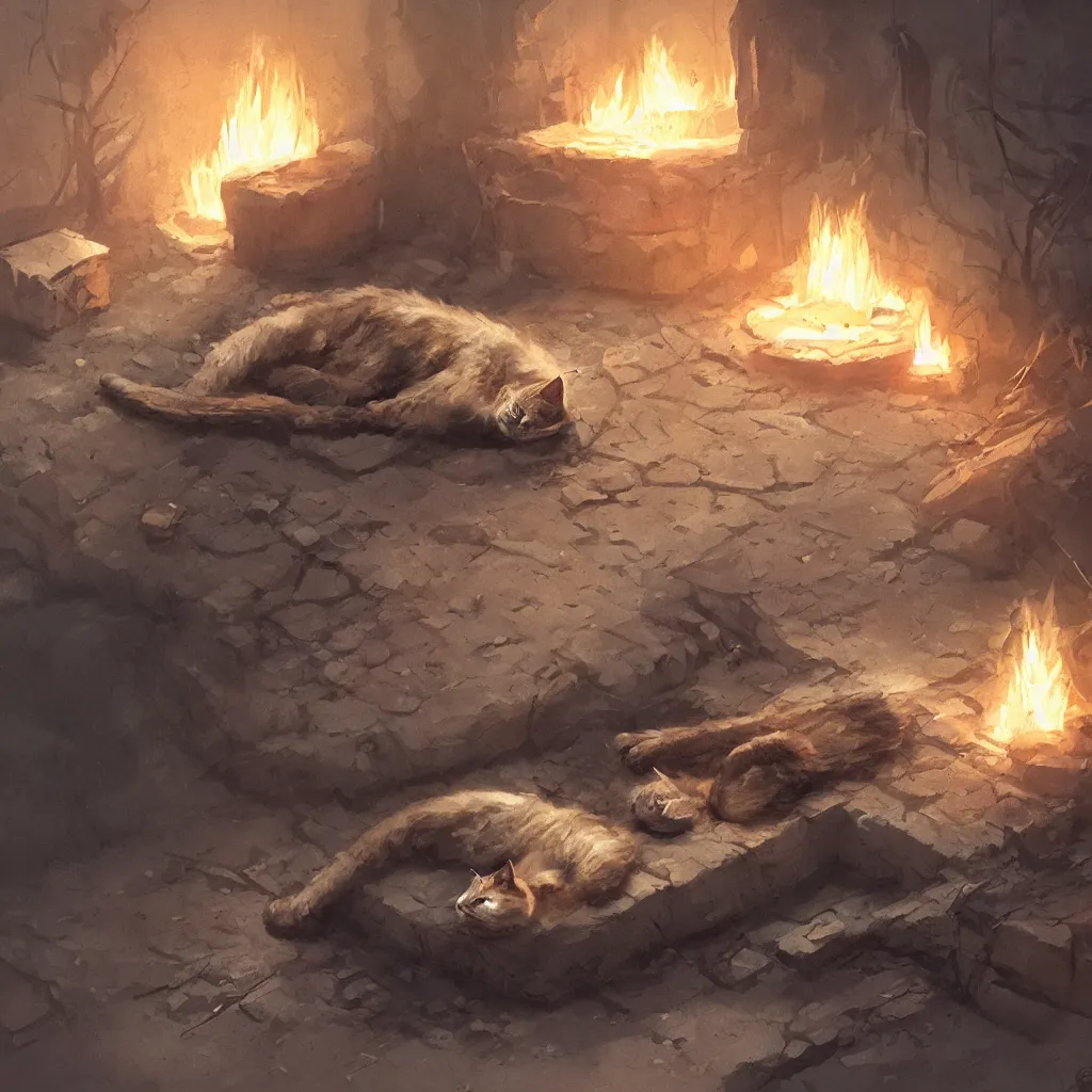 Prompt: cat laying on bed in under ground base, concept art, by greg rutkowski, fire, ice