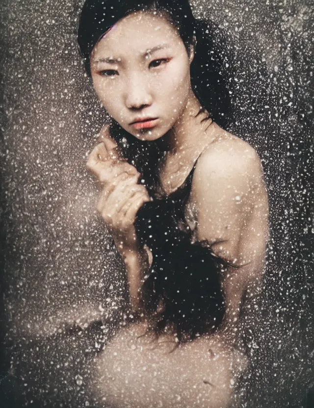 Image similar to polaroid photo with flash, portrait of a asian woman with glossy skin and wet hair in style of matrix, polaroid photo bleached strong lights, kodak film stock, hyper real, stunning moody cinematography, with anamorphic lenses, by maripol, detailed