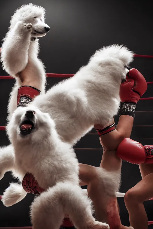 Prompt: samoyed dog head on a human body as a muay thai kickboxer, gloves on hands, Rajadamnern Stadium, world championship fight, photorealistic, cinematic lighting, 4k