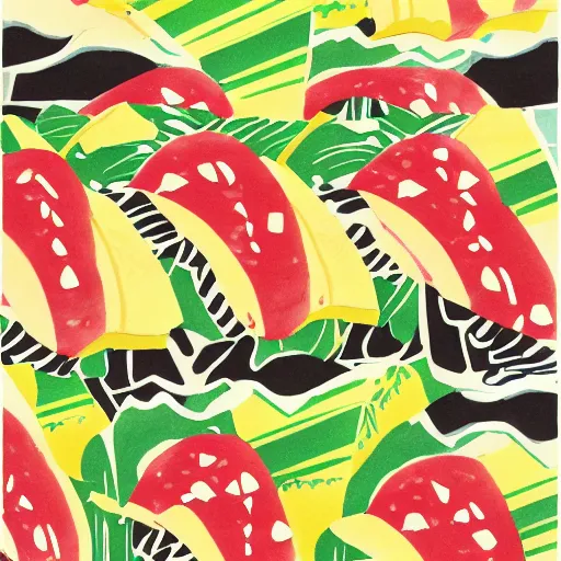 Image similar to hawaiian pizza japanese ink print