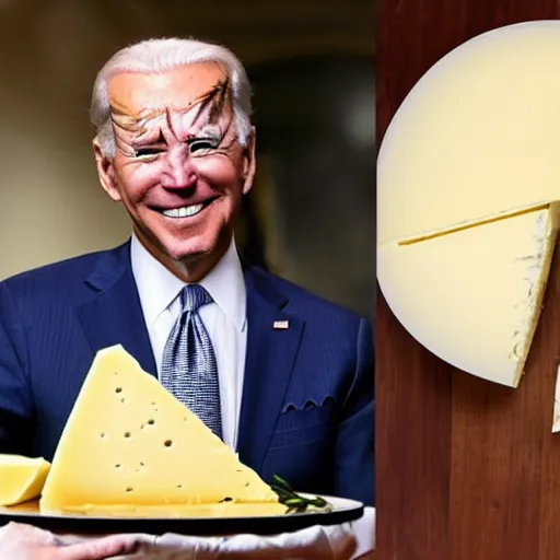 Image similar to joe biden eating a large wheel of cheese,