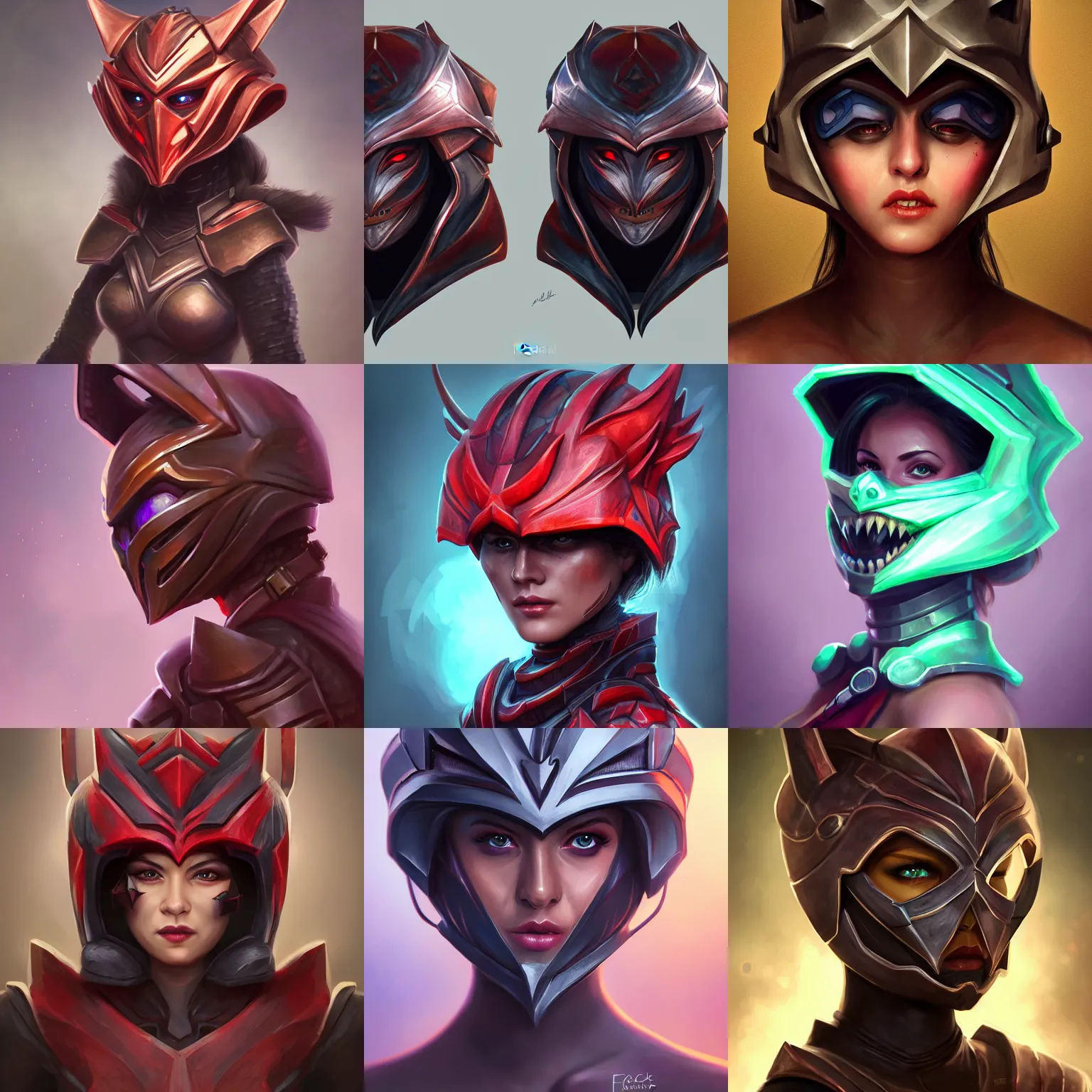 Prompt: character portrait of a woman with a realistically proportioned face in a demonic hextech helmet and armor, realistic face details, smooth, highly detailed portrait, digital painting, smooth, cgi, 3 d animation, painted texture maps, sharp focus, illustration, in the style of studio fortiche