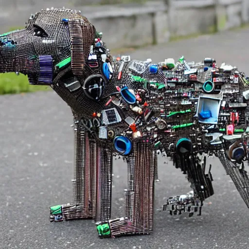 Image similar to a dog made of old computer parts