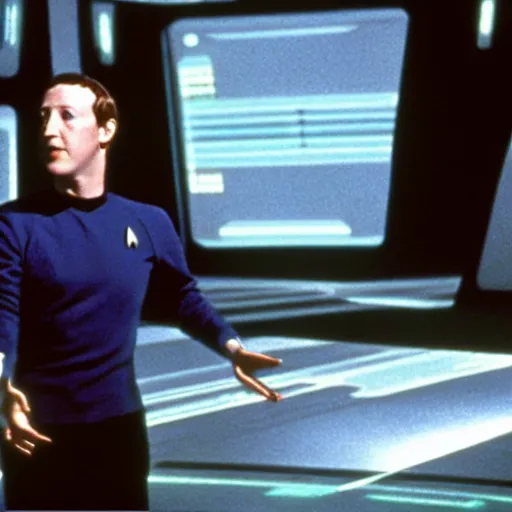 Prompt: a still of mark zuckerberg playing data in star trek : the next generation ( 1 9 8 7 )