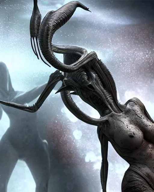 Image similar to cinematic full - body - shot still of kim kardashian being syphon fed by an xenomorph in a transparent alien liquid, wet flowing hair, gooey skin, illustration, unreal engine 5, 8 k, made by h. r. giger.