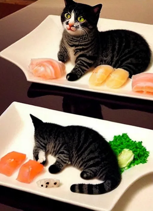 Image similar to clear photorealistic picture of adorable cats made out of sushi