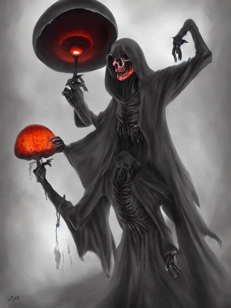 Prompt: the grim reaper stealing the soul from a humanoid mushroom. Dark fantasy art by so-bin. Trending on artstation