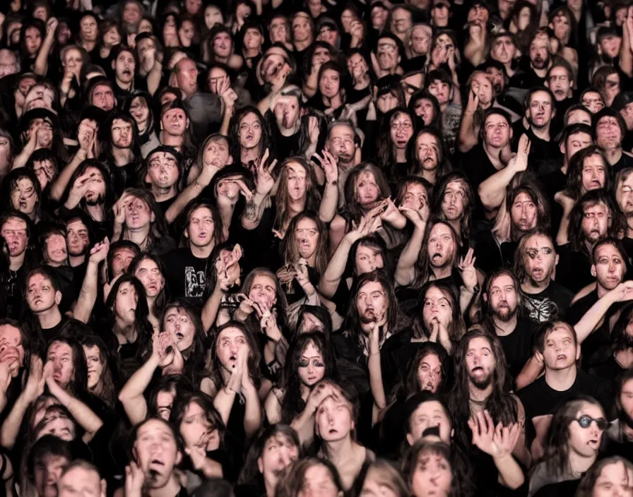 Image similar to extreme close-up photo of the audience at a heavy black metal concert having their faces melted off by heavy black metal music
