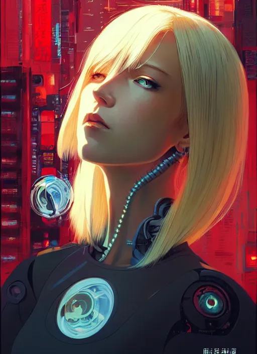 Image similar to side portrait of blonde cyborg girl with robotic parts | | head only in center of image, audrey plaza, fine detail!! anime!! realistic shaded lighting!! poster by ilya kuvshinov katsuhiro otomo ghost - in - the - shell, magali villeneuve, artgerm, jeremy lipkin and michael garmash and rob rey