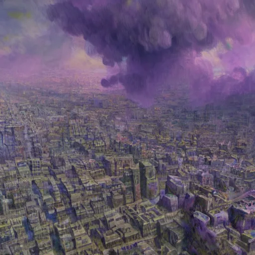 Image similar to a beautiful hyper realistic matte concept art painting of a city made out of amethyst crystal, super colorful, on a cloudy day, by monet and thomas kindade, howard knotts, moebius, and raphael lacoste, featured on artstation, featured on behance, unreal engine, cgsociety, 3 d render, landscape photography, wide angles, f 1 6