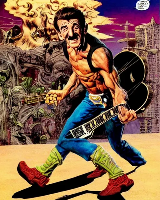 Image similar to barry chuckle ( shredding on a gibson les paul, art by glenn fabry and frank frazetta )