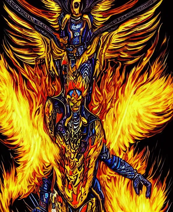 Image similar to a tarot card intricate of a fiery angel in a futuristic battle suit pointing directly at the viewer