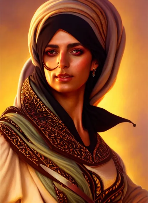 Prompt: a _ fantasy _ style _ portrait _ painting _ of arabian female charismatic bard playing instrument, rpg dnd oil _ painting _ unreal _ 5 _ daz. _ rpg _ portrait _ extremely _ detailed _ artgerm _ greg _ rutkowski _ greg