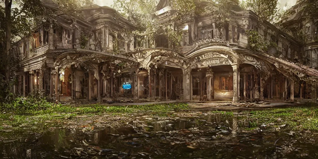 Prompt: abandoned restaurant on overgrown forest, fantasy, ornate, hyper realism, wet reflections, intricate, realistic, digital art, detailed, studio shot, unreal engine 5, octane, high definition, smooth, artstation, behance