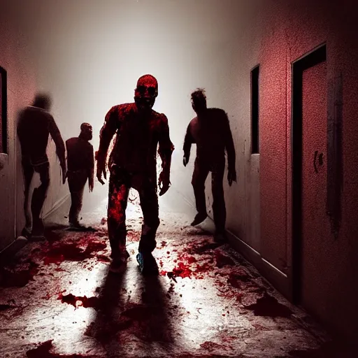 Image similar to “ horde of zombies running through a narrow hallway, bloody, hyper realism, moody lighting, 4 k ”