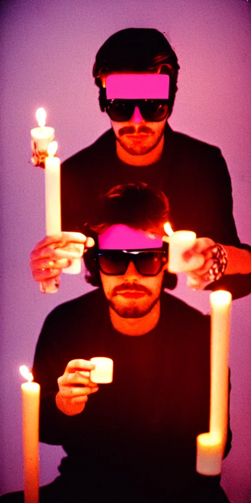 Prompt: portrait of a misterious man wearing sunglasses, his face is covered an is lit by candles, turquoise and pink lighting, photography, lo-fi television image, 1980s, cinestill 800t