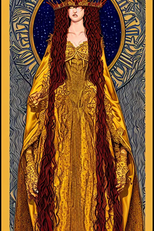 Image similar to Portrait of historically accurate, ancient biblical, sultry, sneering, evil, pagan, wicked, queen jezebel, wearing gilded robes, long hair, intricate, elegant, highly detailed, masterpiece, illustration, art by Jean Giraud, highly detailed, trending on artstation, award winning