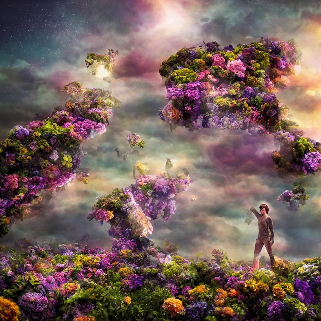 Image similar to a planet of various flowers, fungus and plants, in which the human figure is dressed in something magical and impressive, inside the picture is infinity, sunset light, Atmospheric phenomenon, artistic photography, muted colors, conceptual, long exposure outside the city