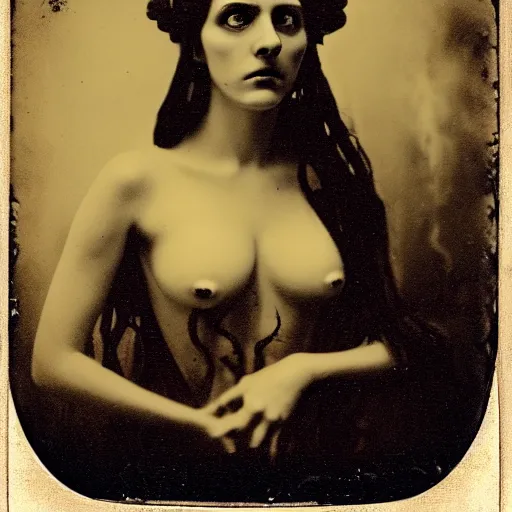 Image similar to beautiful woman with tentacles for hair wearing occult jewelry. daugerreotype of cthulhu high priestess. ambrotype of occult priestess. tintype of a beautiful woman. priestess of dagon. cursed priestess. daugerreotype. baroque frame. cursed priestess of dagon. woman with tentacles. daguerreotype