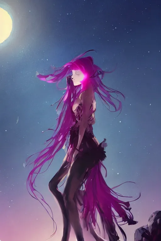 Image similar to A beautiful woman with magenta hair covering her face basking in the moonlight on an obsidian crystal bed below planets, tall tree, cinematic lighting, dramatic atmosphere, by Dustin Nguyen, Akihiko Yoshida, Greg Tocchini, Greg Rutkowski, Cliff Chiang, 4k resolution, trending on artstation