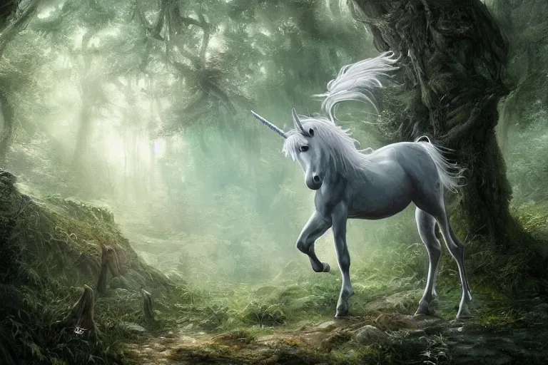 Image similar to fine art painting of a unicorn in a magical forest, artstation, cgsociety, very detailed, intricate, masterpiece, stunning, romanticism