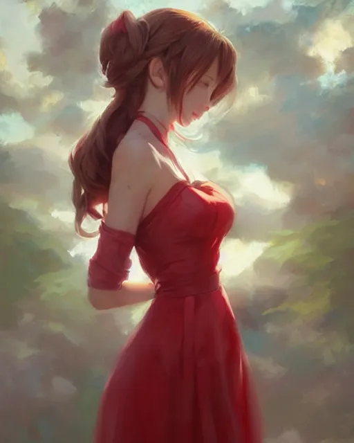 Prompt: aerith gainsborough in red cottagecore dress, portrait, illustration, rim light, top light, perfectly shaded, winter, slight overcast lighting, soft painting, art by krenz cushart and wenjun lin