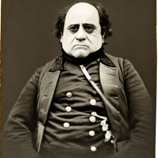 Prompt: 1862 portrait photograph, Danny DeVito in a Confederate general's uniform