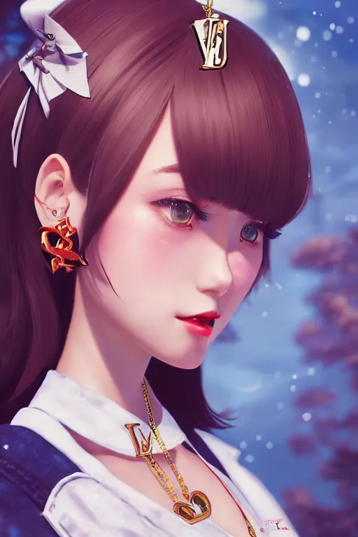 Image similar to a pin up and beautiful fashion charming dreamlke japan girl with lv jewelry, character art, art by wlop and and ilya kuvshinov, hyperdetailed, 8 k realistic, symmetrical, frostbite 3 engine, cryengine, dof, trending on artstation, digital art