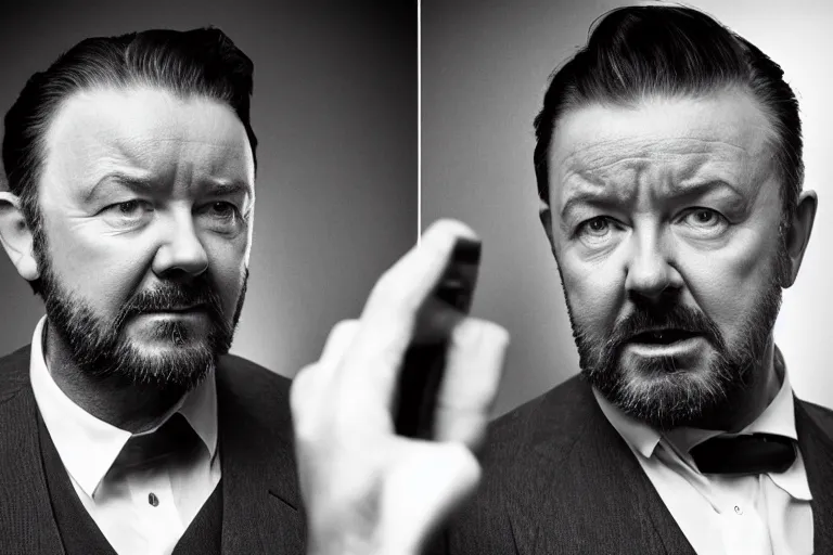Prompt: an 8 5 mm portrait of ricky gervais as a 1 7 0 0's gangster by gustave baumann, lomography lady grey, ultra realistic, beautiful lighting, dramatic, noise, film