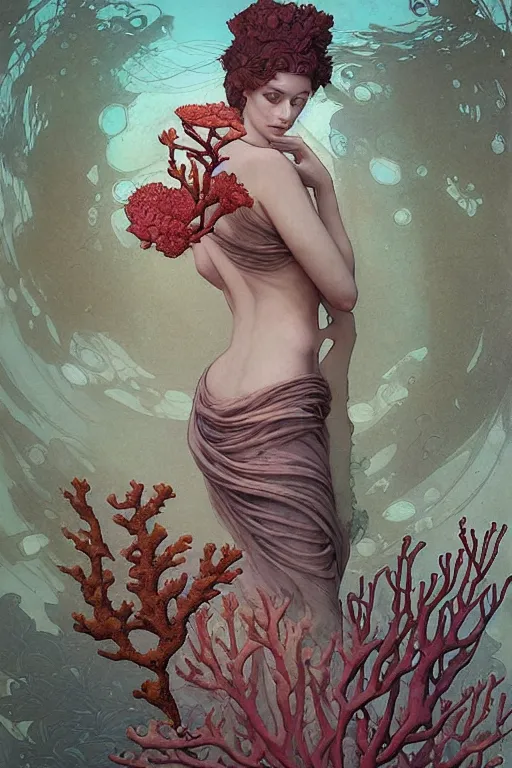 Image similar to portrait of a beautiful mysterious woman underwater, hidden hands holding a bouquet of flowers, corals and fish, by eve ventrue, michael carson, andreas rochas, john watkiss, casey weldon, artgerm. art nouveau. tarot card by mucha. gloomhaven. swirly intricate linework background. gaudy colors, sharp edges. octane render