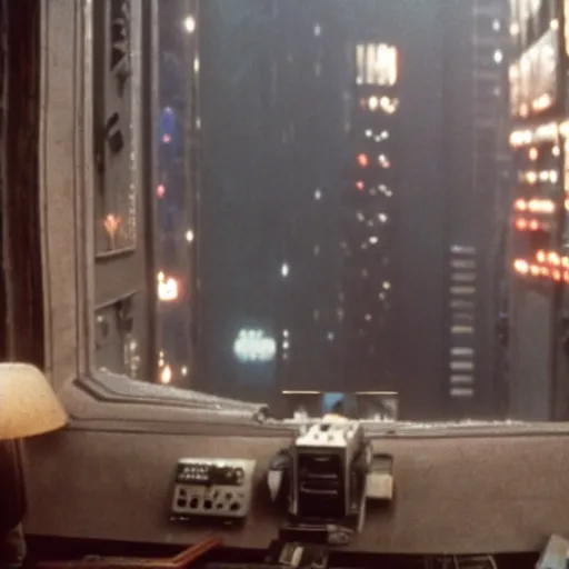Prompt: close - up color photography of details in deckard's apartment in blade runner, narrow depth of field, low light