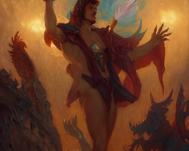 Image similar to attractive male deity, casting demonic magic, summoning handsome lucifer morning star. highly detailed painting by gaston bussiere, craig mullins, j. c. leyendecker 8 k