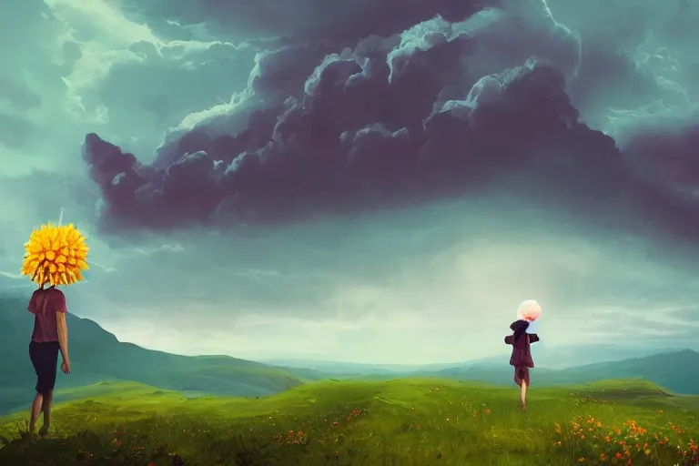 Image similar to giant dahlia flower over head, girl walking on mountain, surreal photography, stars, dramatic light, impressionist painting, storm clouds, digital painting, artstation, simon stalenhag