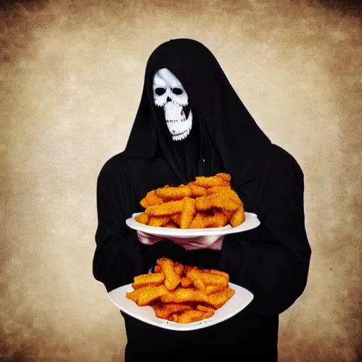 Image similar to grimace reaper, blood and nuggets fast food death metal album cover